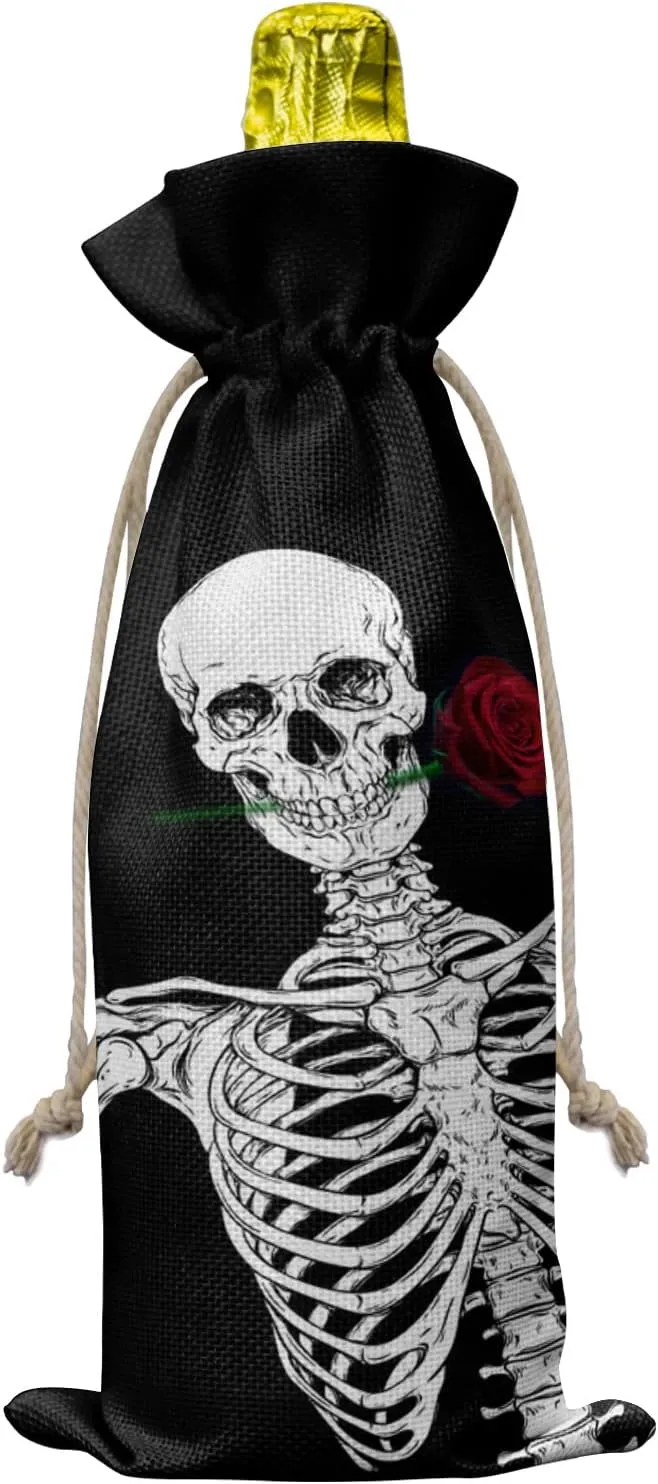 10 Pcs Premium Wine Bottle Gift Bags with Drawstring Skull and Bones Rose Courtship Reusable Wine Gift Bag for Christmas, Wedding, Birthday,Holiday Party, Housewarming, Home Storage