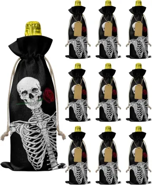 10 Pcs Premium Wine Bottle Gift Bags with Drawstring Skull and Bones Rose Courtship Reusable Wine Gift Bag for Christmas, Wedding, Birthday,Holiday Party, Housewarming, Home Storage