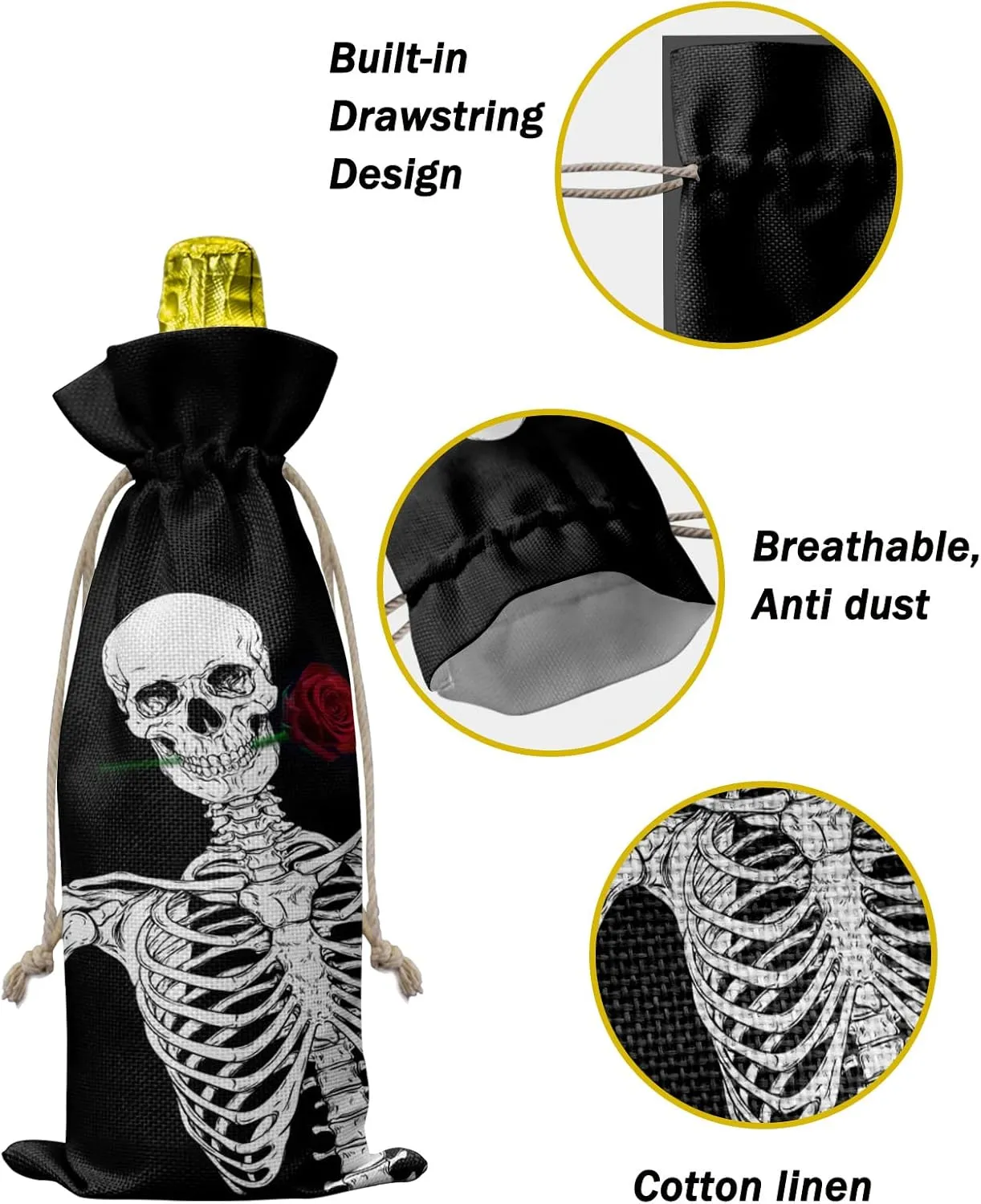 10 Pcs Premium Wine Bottle Gift Bags with Drawstring Skull and Bones Rose Courtship Reusable Wine Gift Bag for Christmas, Wedding, Birthday,Holiday Party, Housewarming, Home Storage