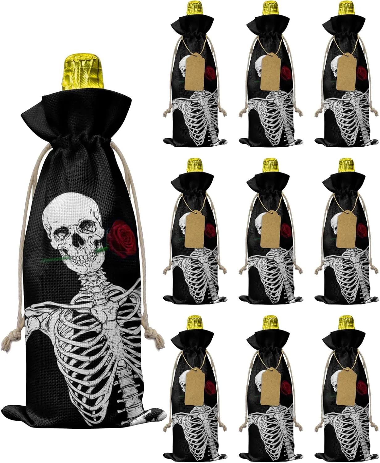 10 Pcs Premium Wine Bottle Gift Bags with Drawstring Skull and Bones Rose Courtship Reusable Wine Gift Bag for Christmas, Wedding, Birthday,Holiday Party, Housewarming, Home Storage
