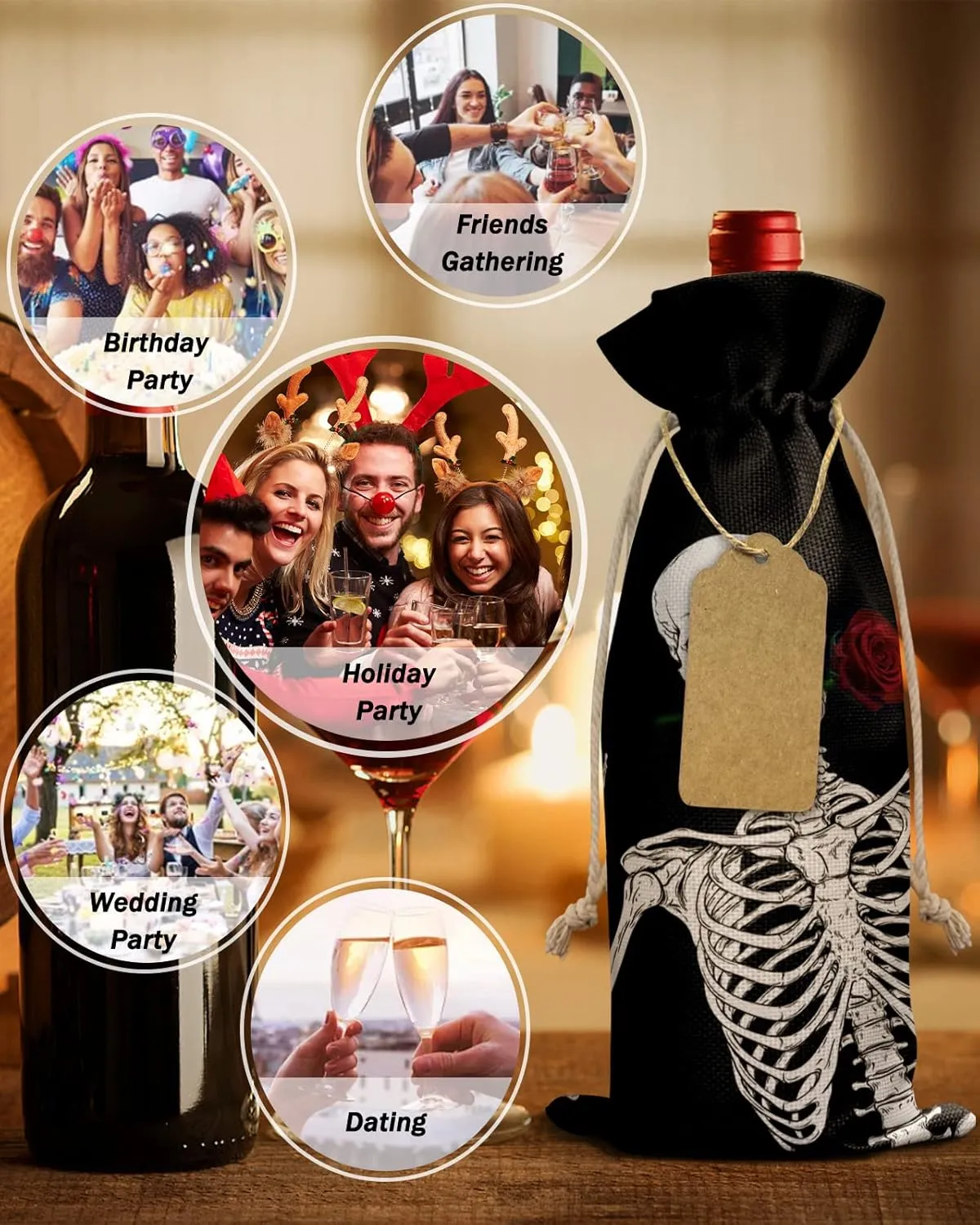 10 Pcs Premium Wine Bottle Gift Bags with Drawstring Skull and Bones Rose Courtship Reusable Wine Gift Bag for Christmas, Wedding, Birthday,Holiday Party, Housewarming, Home Storage