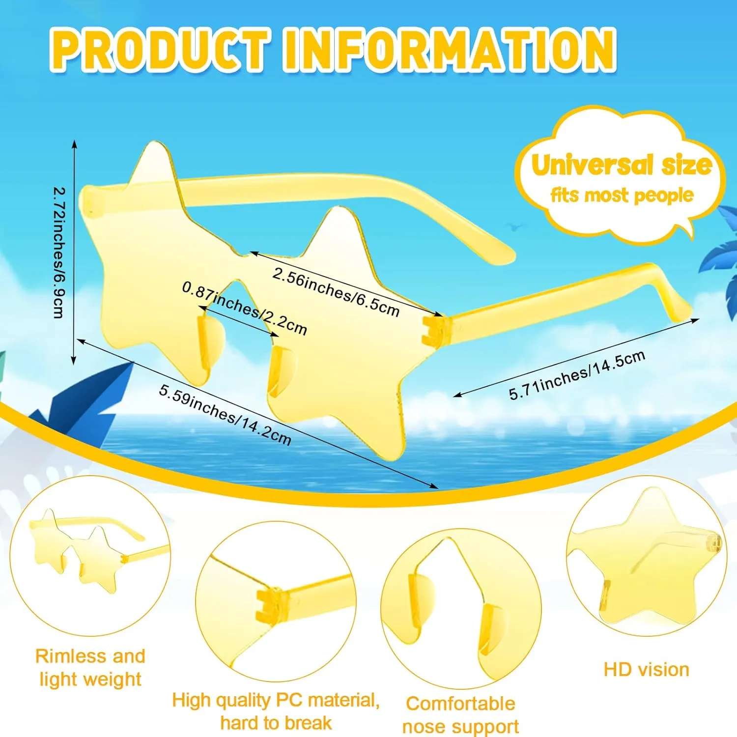 10/20/30/40 Pack Star Sunglasses Rimless Transparent Pentagram Shaped Sunglasses Bulk Party Favor Glasses for Women (30, Yellow)