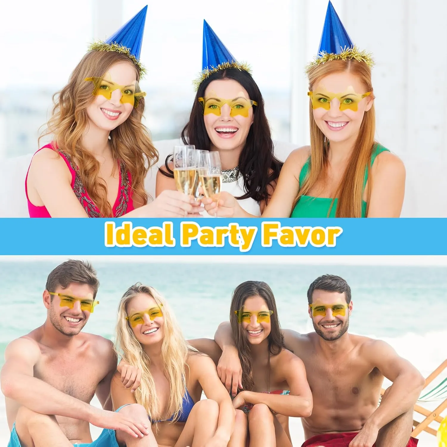 10/20/30/40 Pack Star Sunglasses Rimless Transparent Pentagram Shaped Sunglasses Bulk Party Favor Glasses for Women (30, Yellow)