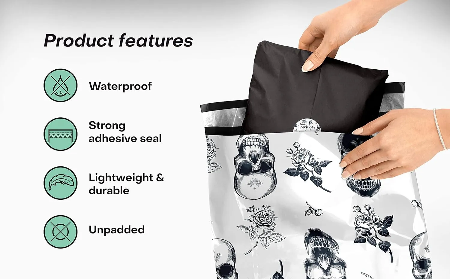 10x13 Poly Mailers – Skull Rose – Waterproof, Tear-Resistant Shipping Bags with Adhesive Seal – 100 Pack – Package Mint