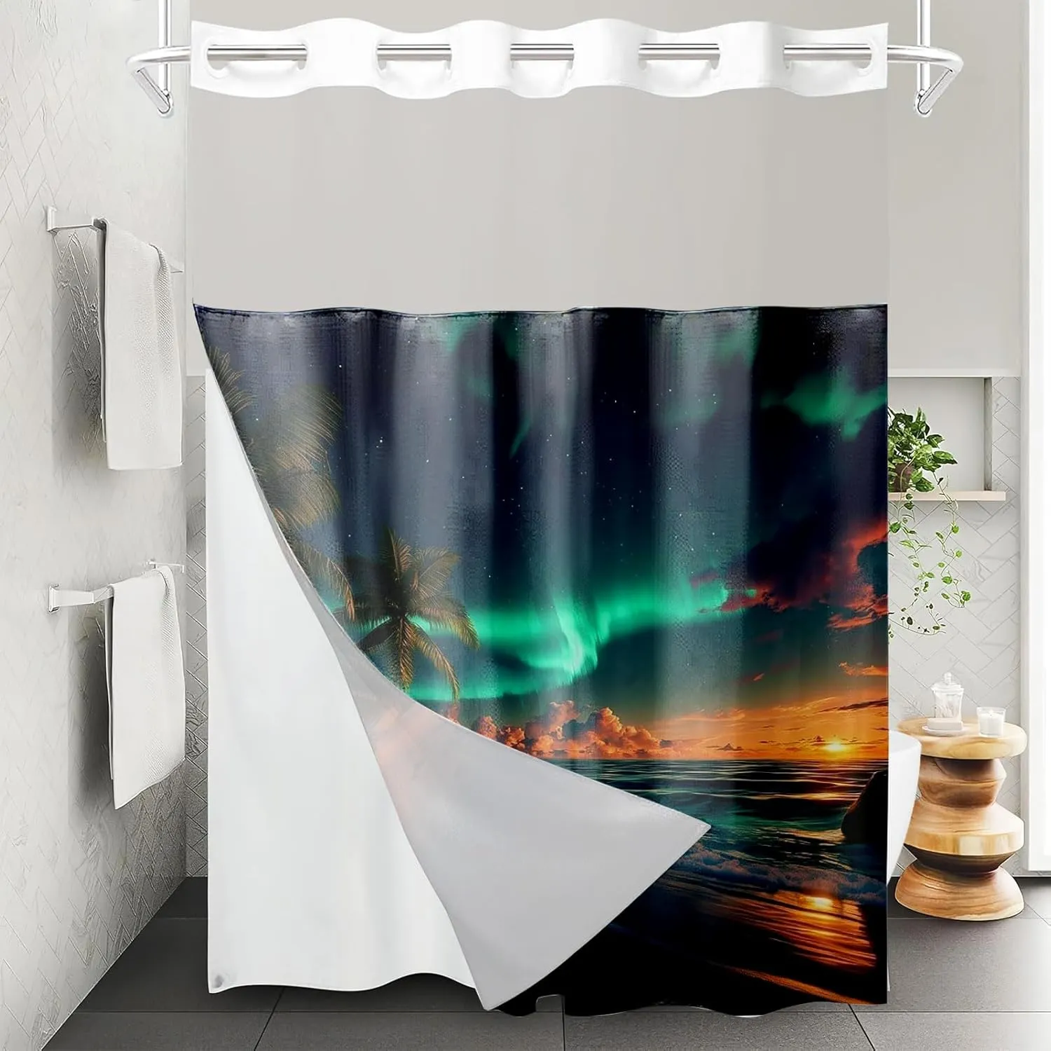 1/4Pcs Northern Lights Ocean Beach Night View Landscape No Hooks Double Layers Shower Curtain with Liner and Bath Mat Set, Hook Free With Window For Bathroom Home Decor (Shower Curtain(71x84in))