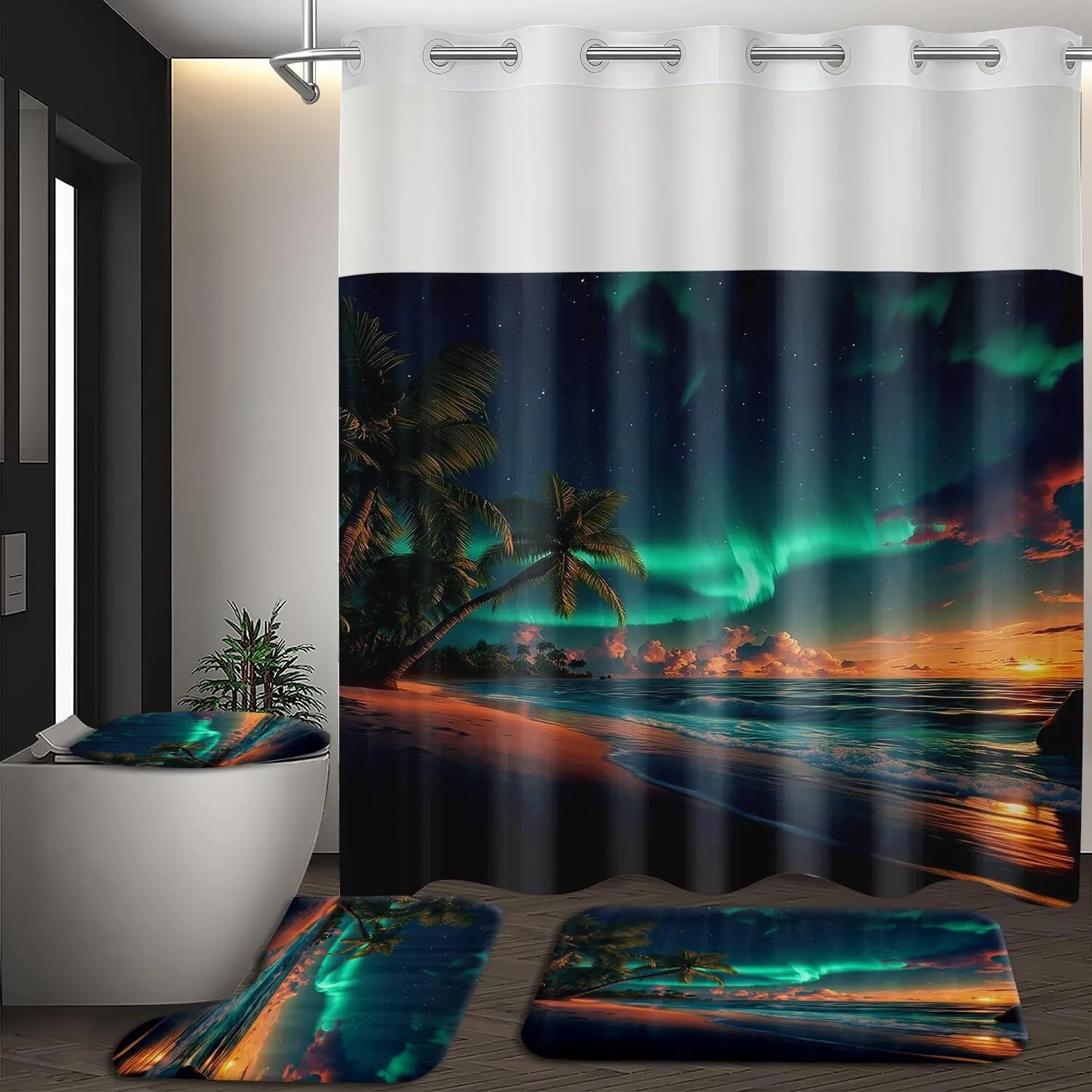 1/4Pcs Northern Lights Ocean Beach Night View Landscape No Hooks Double Layers Shower Curtain with Liner and Bath Mat Set, Hook Free With Window For Bathroom Home Decor (Shower Curtain(71x84in))