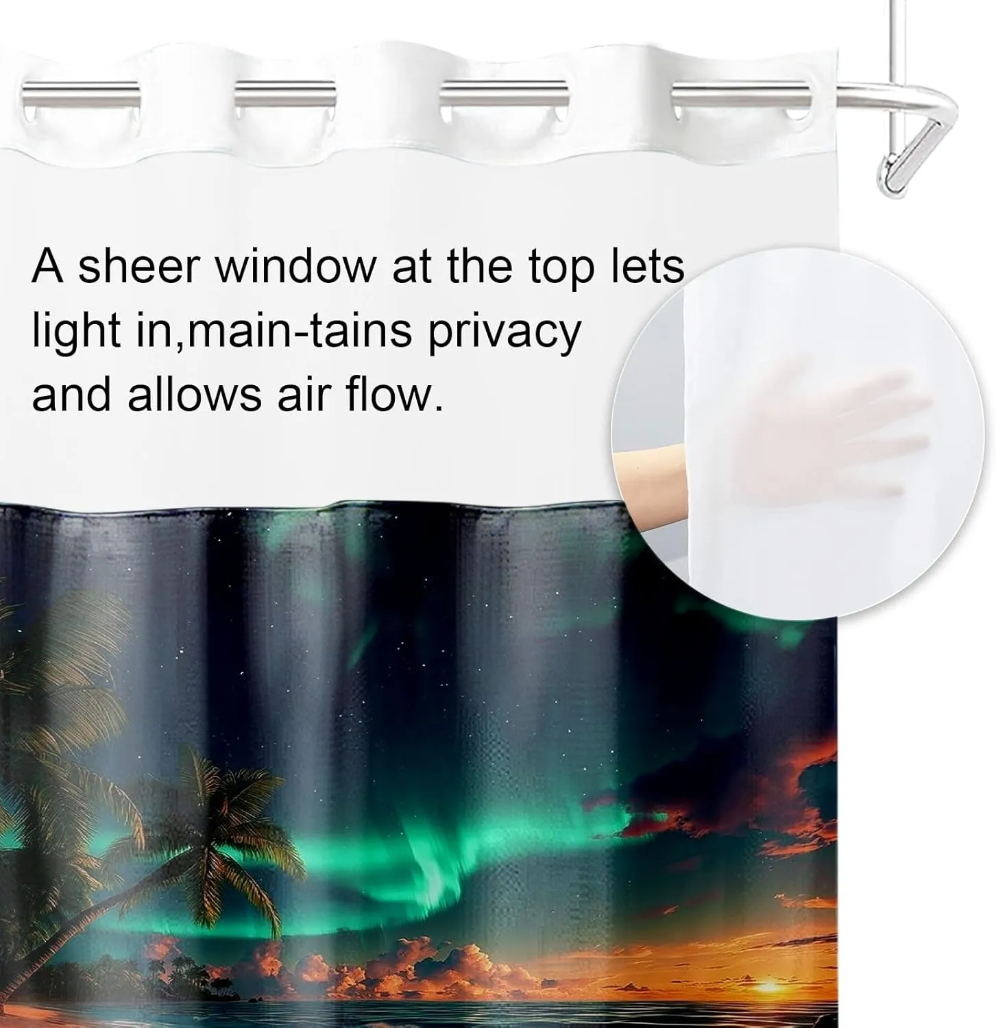 1/4Pcs Northern Lights Ocean Beach Night View Landscape No Hooks Double Layers Shower Curtain with Liner and Bath Mat Set, Hook Free With Window For Bathroom Home Decor (Shower Curtain(71x84in))