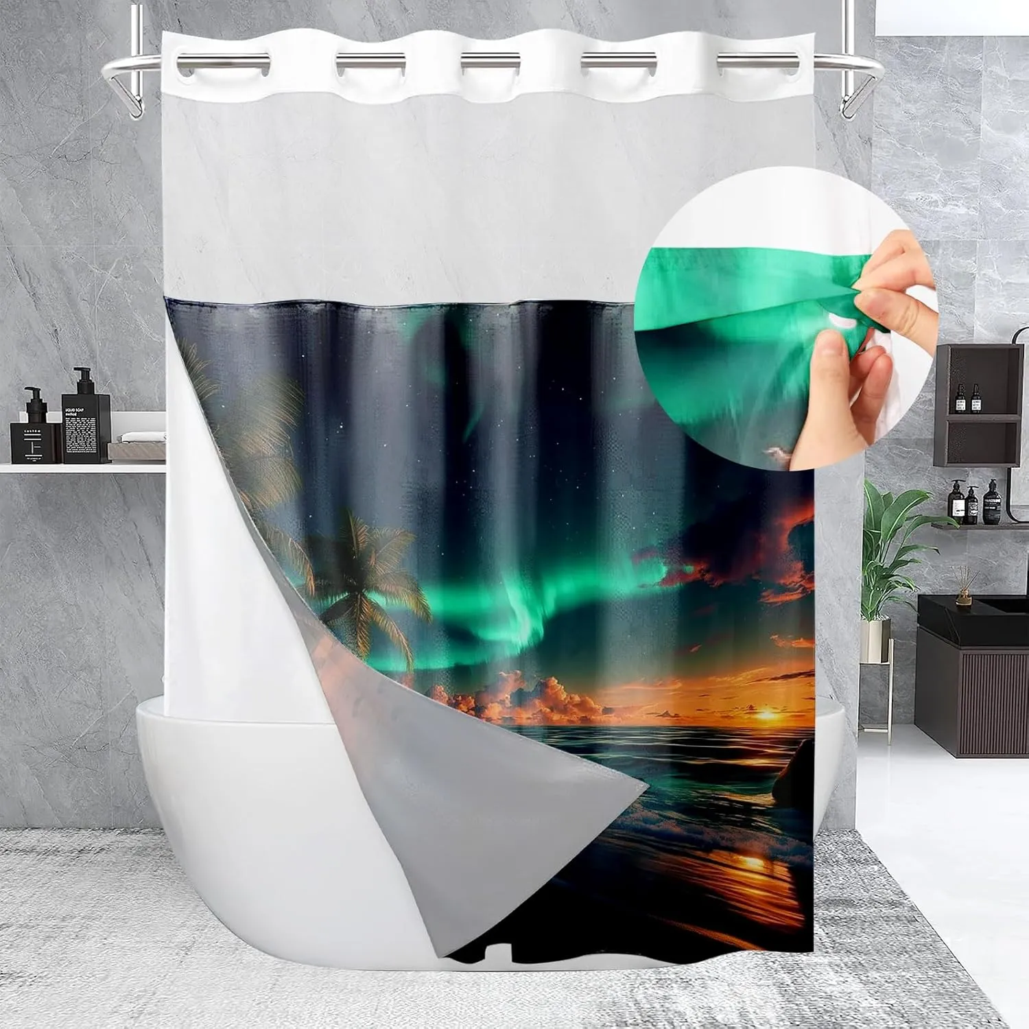 1/4Pcs Northern Lights Ocean Beach Night View Landscape No Hooks Double Layers Shower Curtain with Liner and Bath Mat Set, Hook Free With Window For Bathroom Home Decor (Shower Curtain(71x84in))