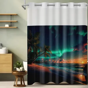 1/4Pcs Northern Lights Ocean Beach Night View Landscape No Hooks Double Layers Shower Curtain with Liner and Bath Mat Set, Hook Free With Window For Bathroom Home Decor (Shower Curtain(71x84in))