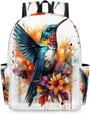 15.1 Inch Casual Backpack Colibri Bird Small Backpack with Multiple Pocket Waterproof Mini Bags Daypack with Chest Strap Floral Hummingbird Travel Bag