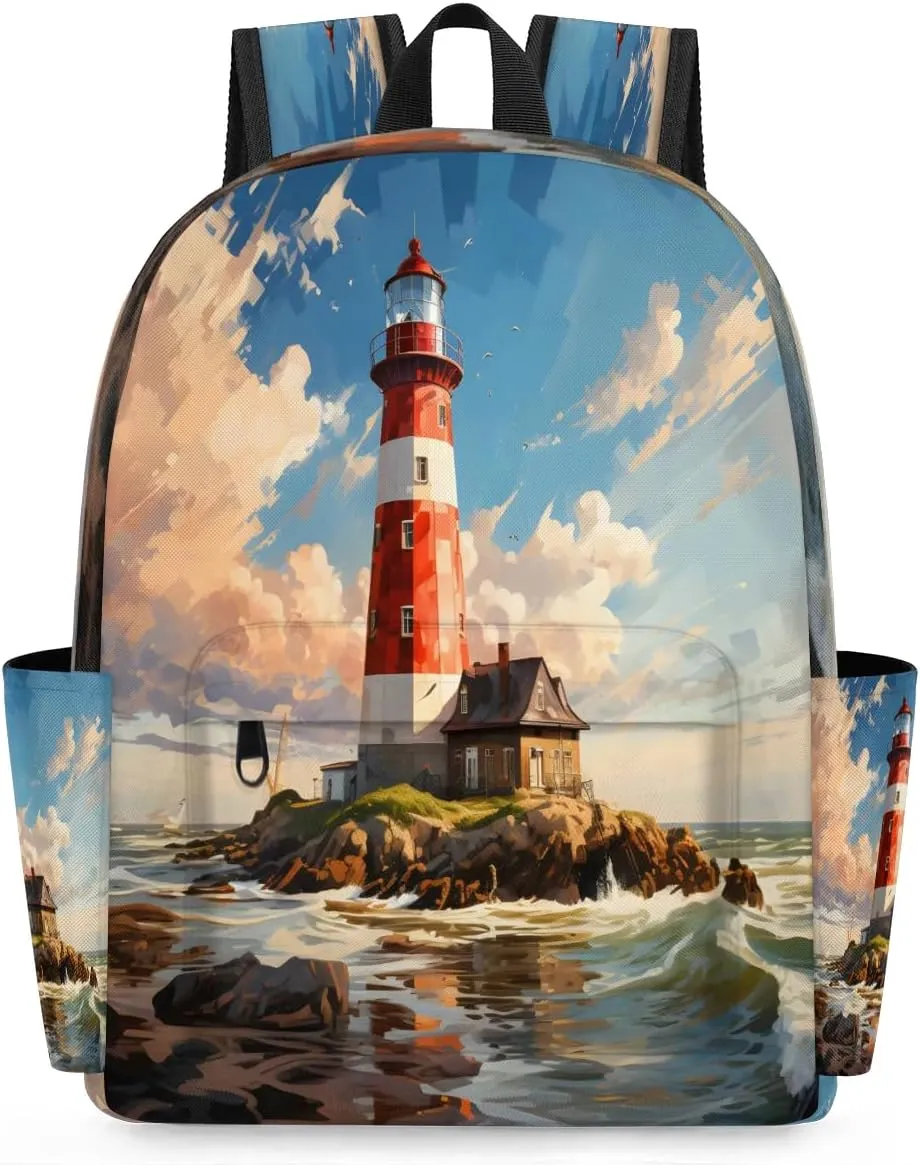 15.1 Inch Casual Backpack Sea Small Backpack with Multiple Pocket Waterproof Mini Bags Daypack with Chest Strap Lighthouse Travel Bag
