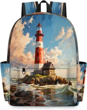 15.1 Inch Casual Backpack Sea Small Backpack with Multiple Pocket Waterproof Mini Bags Daypack with Chest Strap Lighthouse Travel Bag