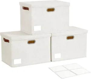 17" Large Collapsible Storage Bins with Lids, Stackable Closet Organizers with PU Handle and Labels, 3-Pack Decorative Fabric Storage Boxes for Home, Bedroom, Closet, Office, Nursery(White)