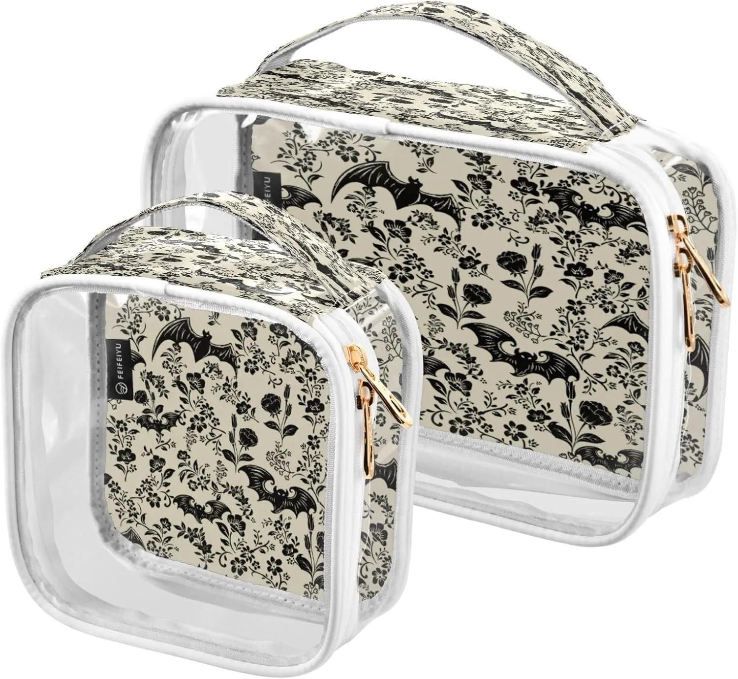 2 Pack Clear Makeup Bag, Bat Retro Flower Car Pouches For Organization Waterproof Travel Toiletry Bags For Women Girl