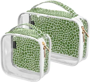 2 Pack Clear Makeup Bag, Green Lizard Skin Texture Car Pouches for Organization Waterproof Travel Toiletry Bags Cosmetic Case for Women
