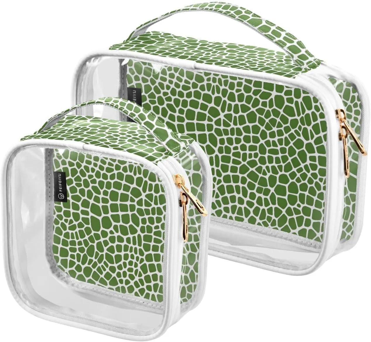 2 Pack Clear Makeup Bag, Green Lizard Skin Texture Car Pouches for Organization Waterproof Travel Toiletry Bags Cosmetic Case for Women