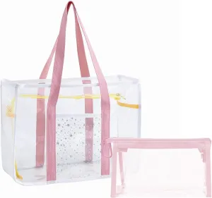 2 Pcs Clear Tote Bag Large Beach Bag Transparent PVC Tote Toiletry Bag Travel Makeup Case for Stadium