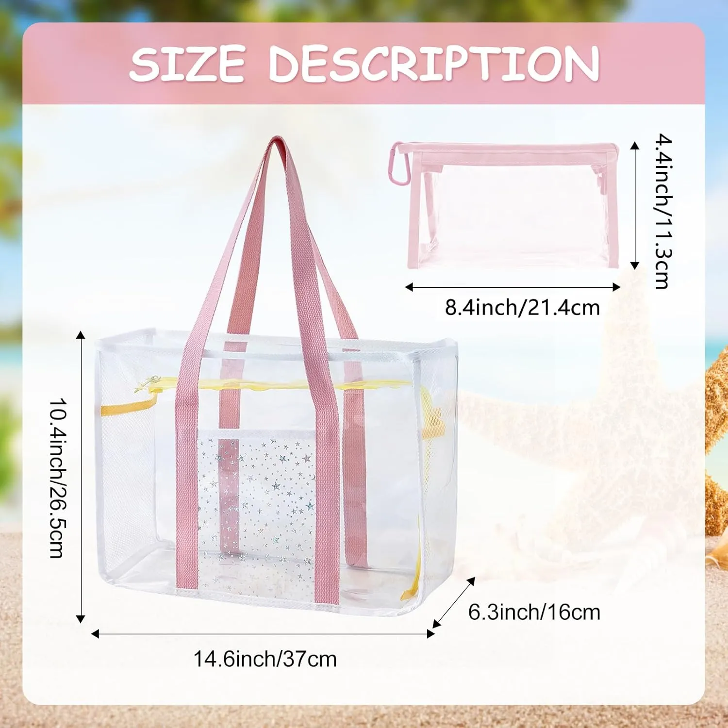 2 Pcs Clear Tote Bag Large Beach Bag Transparent PVC Tote Toiletry Bag Travel Makeup Case for Stadium