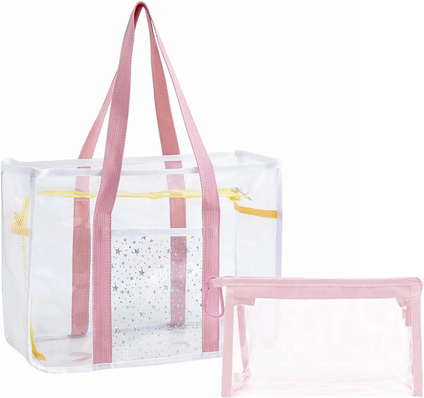 2 Pcs Clear Tote Bag Large Beach Bag Transparent PVC Tote Toiletry Bag Travel Makeup Case for Stadium