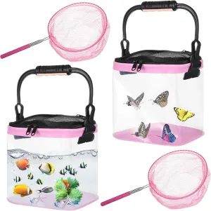 2 Sets Catch and Release Plastic Beach Aquarium Kit,Great Concept for Catching with Retractable Net Bag and Release Clear and Transparent Portable Handheld （Pink）