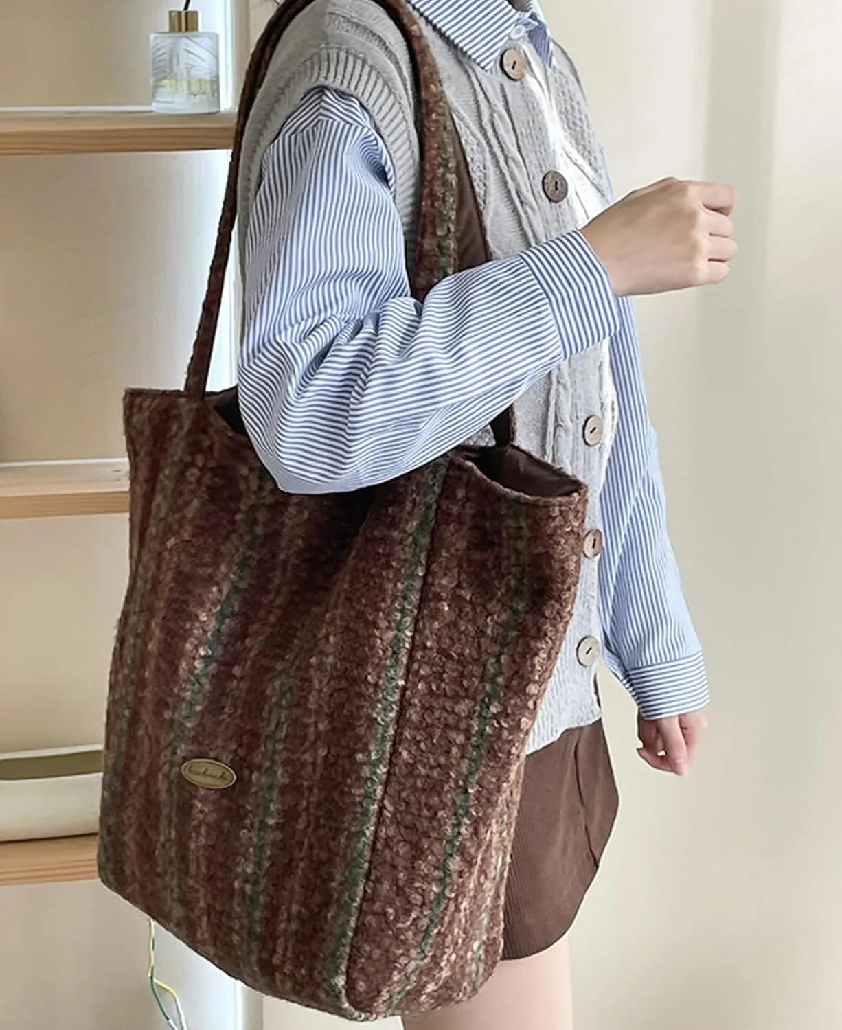 2025 Spring Reversible Wool Tote Bag Cozy Wool Blend Shoulder Bag Plush Vertical Striped Handbag Fashion Versatile
