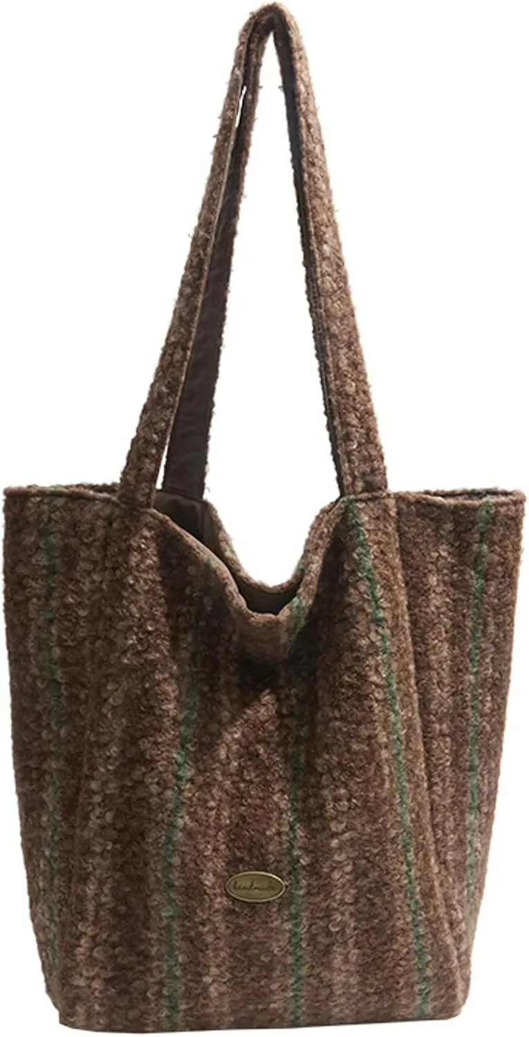 2025 Spring Reversible Wool Tote Bag Cozy Wool Blend Shoulder Bag Plush Vertical Striped Handbag Fashion Versatile