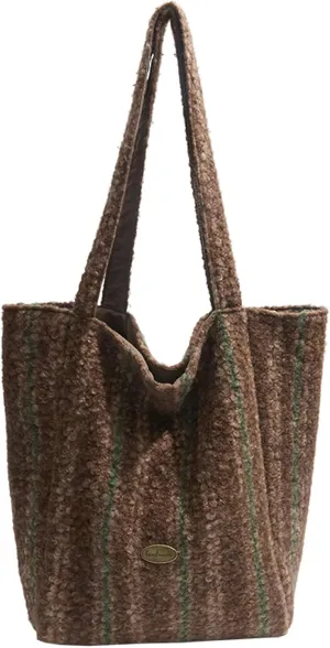 2025 Spring Reversible Wool Tote Bag Cozy Wool Blend Shoulder Bag Plush Vertical Striped Handbag Fashion Versatile