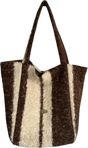 2025 Spring Reversible Wool Tote Bag Cozy Wool Blend Shoulder Bag Plush Vertical Striped Handbag Fashion Versatile
