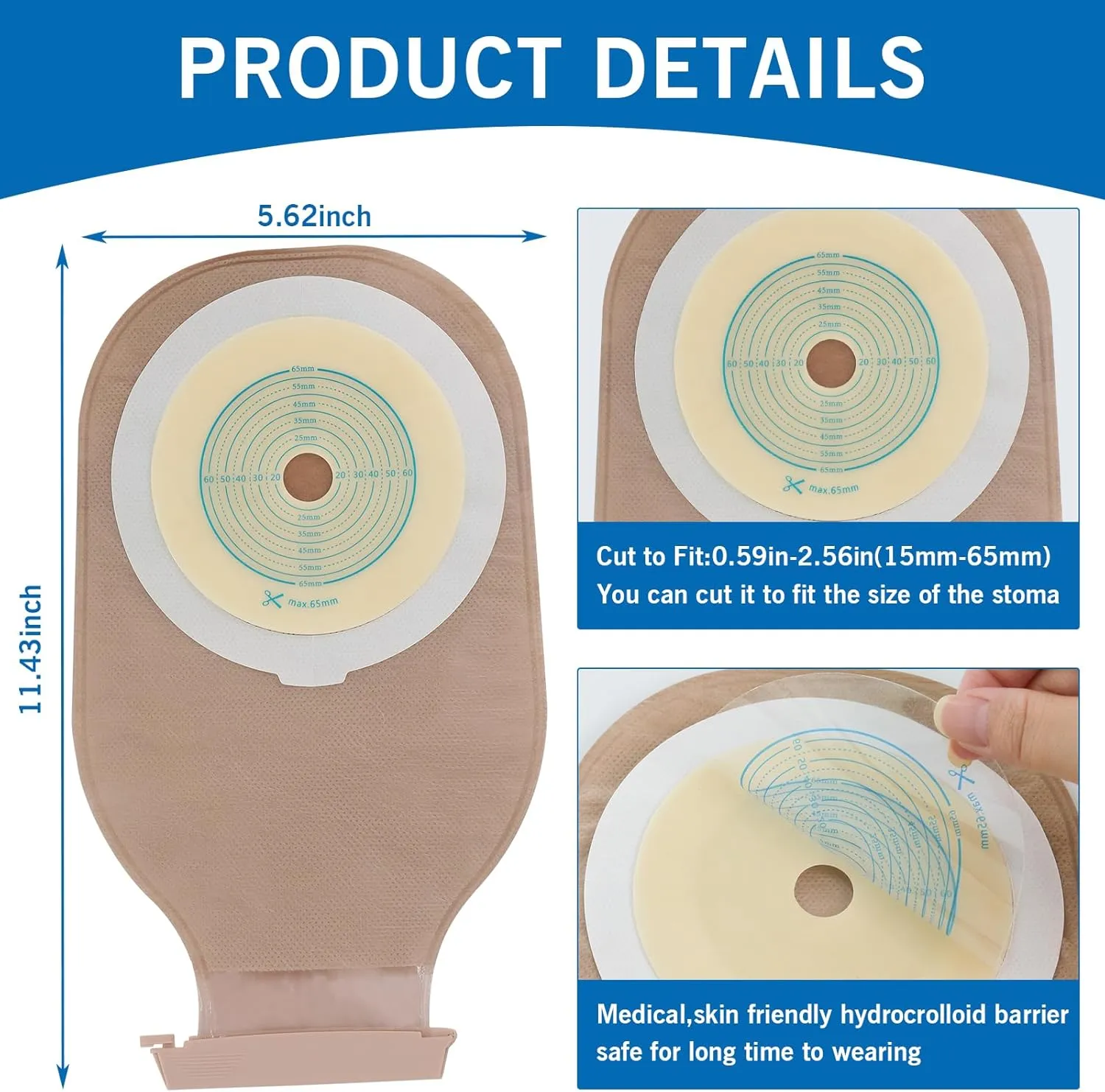 25 Pack Ostomy Bags, One Piece Colostomy Bag Ostomy Supplies, 15-65mm Cut-to-Fit Drainable Pouches with Clamp Closure for Ileostomy Stoma Care (Include 8 x Clamps)
