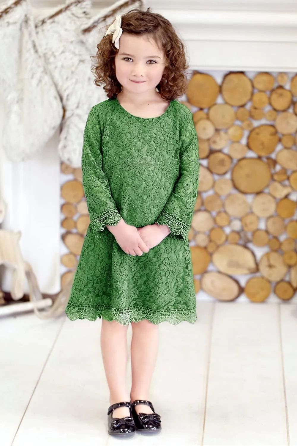 2Bunnies Girl Vintage Lace Scalloped Trim Boho Rustic Country Baptism Flower Girl Dress
