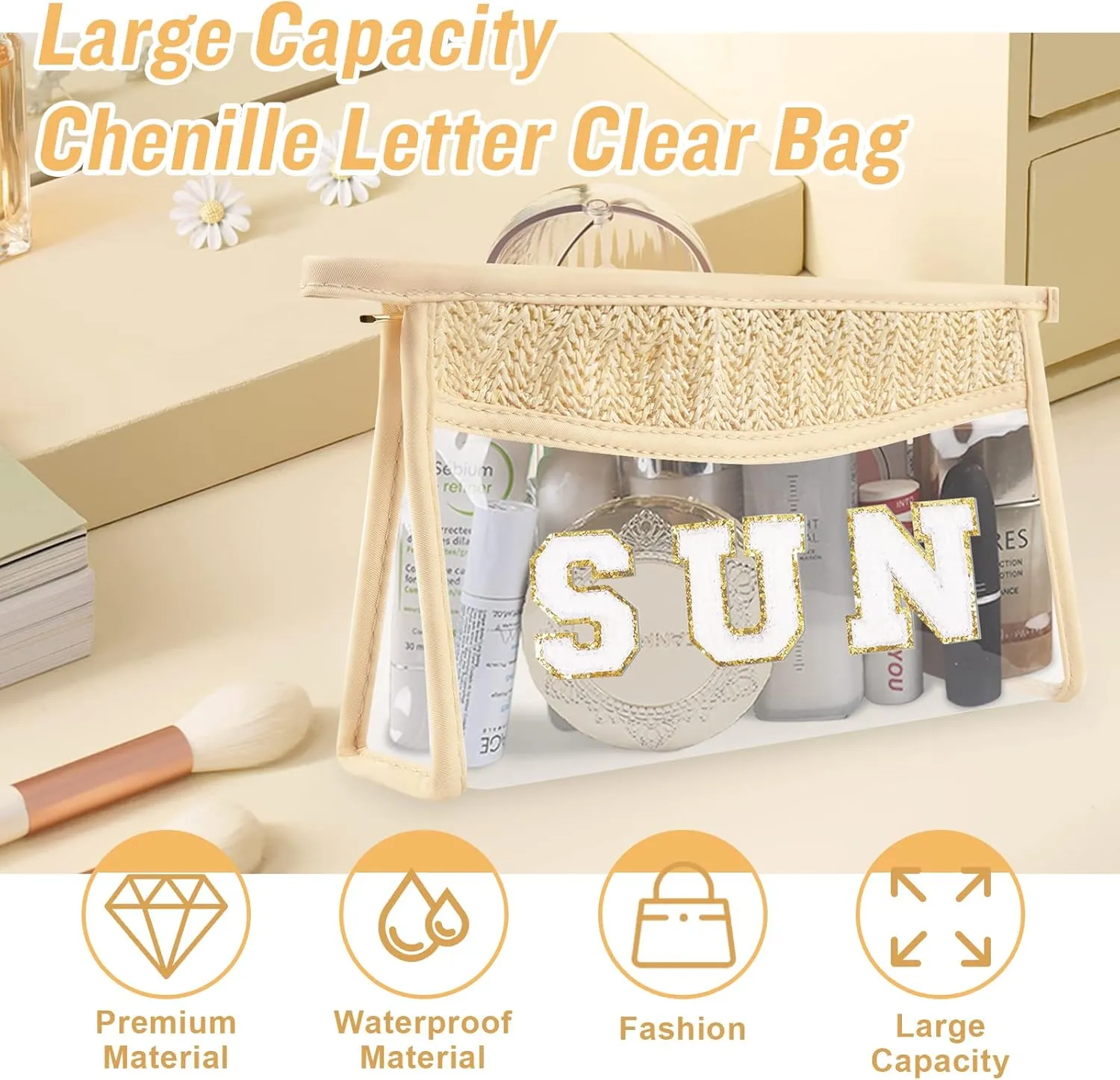 2Pcs Preppy Patch Sun Bag - Makeup Letter Bag, Boho Beach Swim Toiletry Pouch, Waterproof Zipper Clear Transparent Pouch for Women Girls (Sun, Beach) for Travel