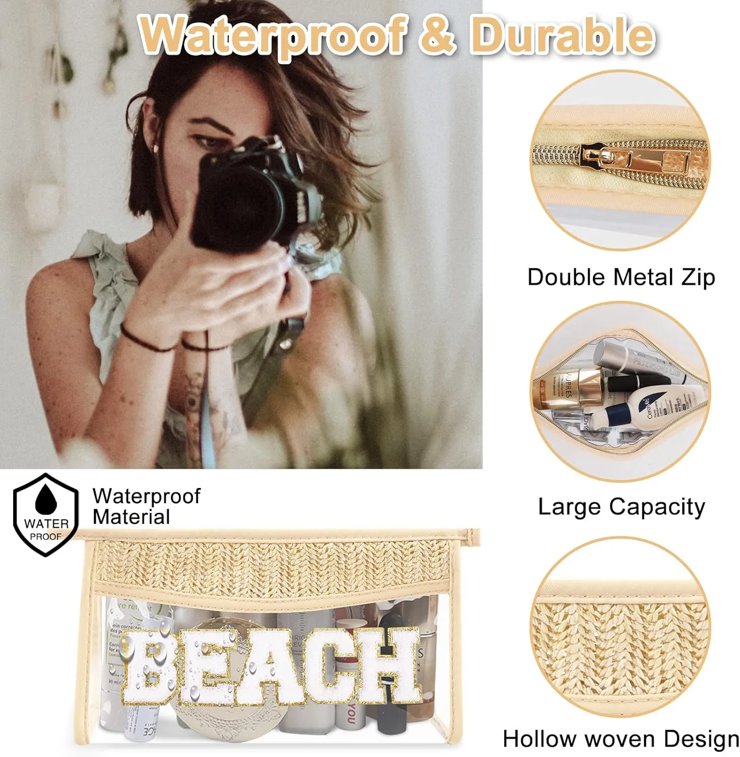 2Pcs Preppy Patch Sun Bag - Makeup Letter Bag, Boho Beach Swim Toiletry Pouch, Waterproof Zipper Clear Transparent Pouch for Women Girls (Sun, Beach) for Travel