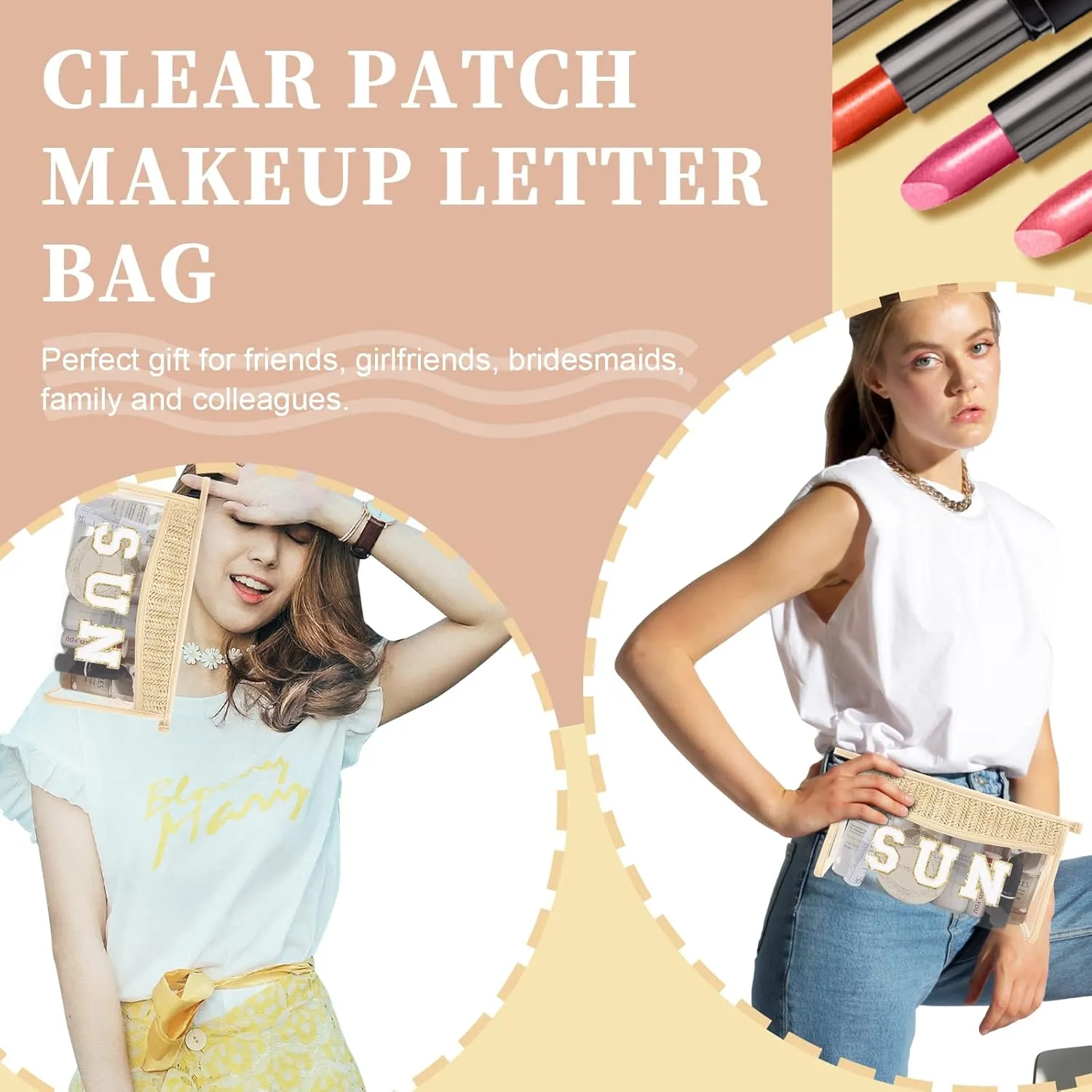 2Pcs Preppy Patch Sun Bag - Makeup Letter Bag, Boho Beach Swim Toiletry Pouch, Waterproof Zipper Clear Transparent Pouch for Women Girls (Sun, Beach) for Travel