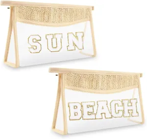 2Pcs Preppy Patch Sun Bag - Makeup Letter Bag, Boho Beach Swim Toiletry Pouch, Waterproof Zipper Clear Transparent Pouch for Women Girls (Sun, Beach) for Travel