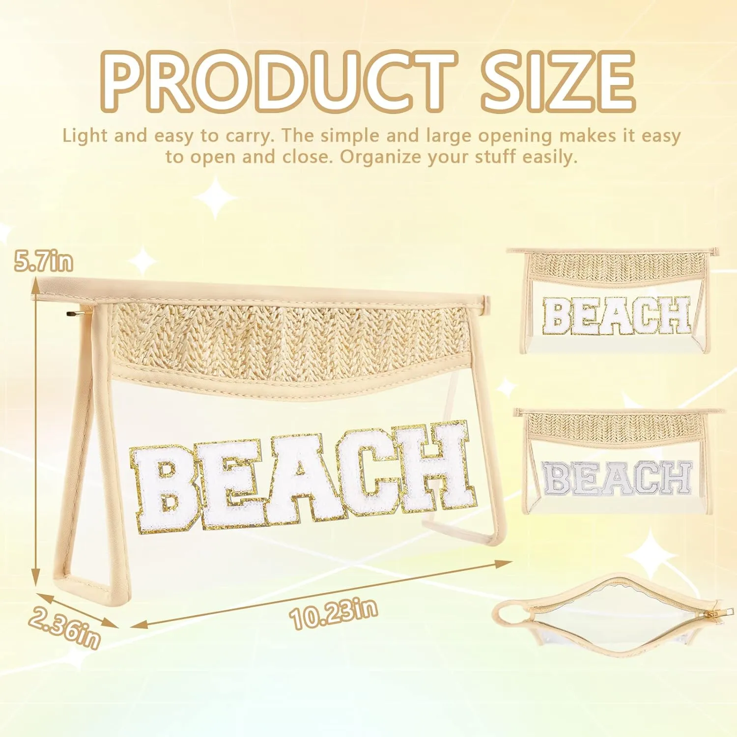 2Pcs Preppy Patch Sun Bag - Makeup Letter Bag, Boho Beach Swim Toiletry Pouch, Waterproof Zipper Clear Transparent Pouch for Women Girls (Sun, Beach) for Travel