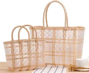 2pcs Transparent Waterproof Plastic Woven Tote Bag Vegetable Basket Shopping Bag Beach Bag (Color : 01)