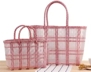 2pcs Transparent Waterproof Plastic Woven Tote Bag Vegetable Basket Shopping Bag Beach Bag (Color : 02)