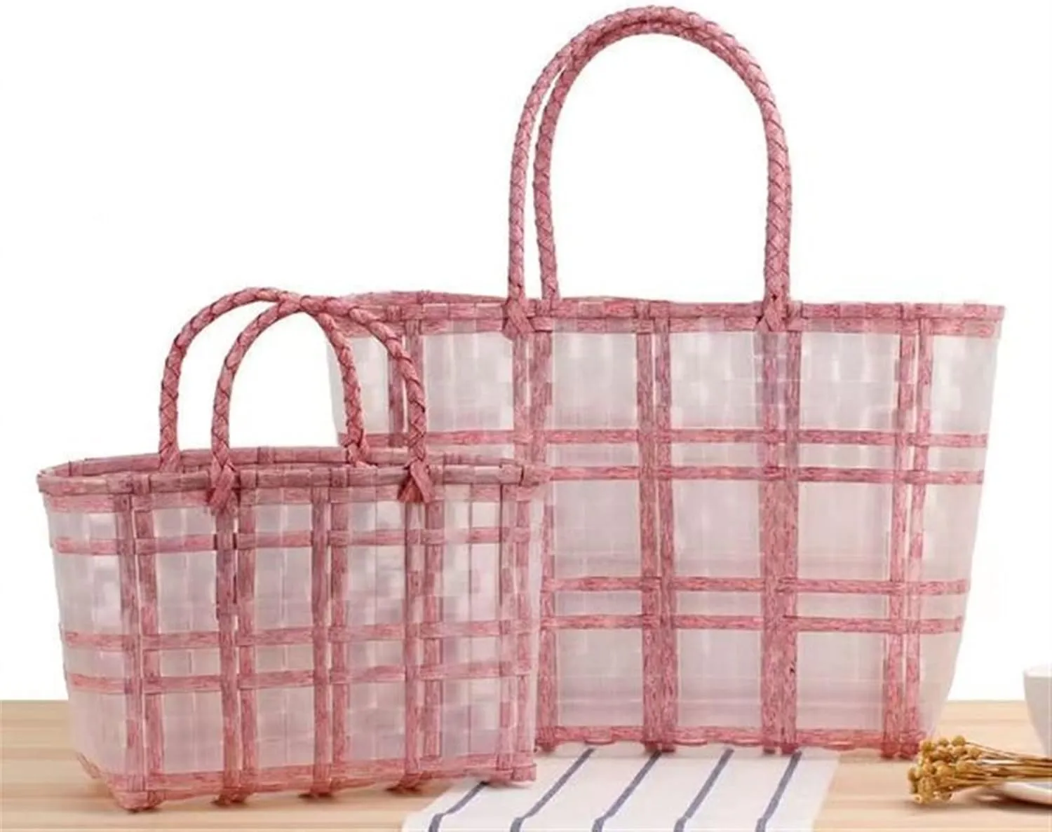2pcs Transparent Waterproof Plastic Woven Tote Bag Vegetable Basket Shopping Bag Beach Bag (Color : 02)