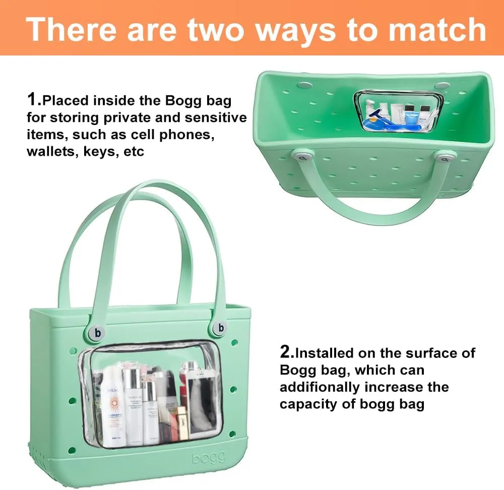 3 Packs Clear Bogg Beach Tote Bag with 2 Pack Insert Hooks Accessories for Bogg Bags Travel Makeup Clean Toiletry Brush Organizer Cosmetic Divider Storage Inner Pouch (Black)