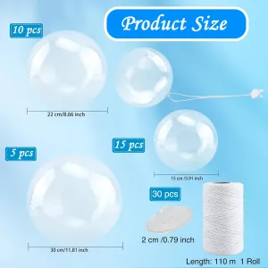30 Pack Hanging Clear Inflatable Beach Balls 8 Inch 12 Inch 16 Inch Blow Up Transparent Beach Ball with Hanging Rope and Hooks for Hawaiian Summer Beach Pool Toys Hanging Decors