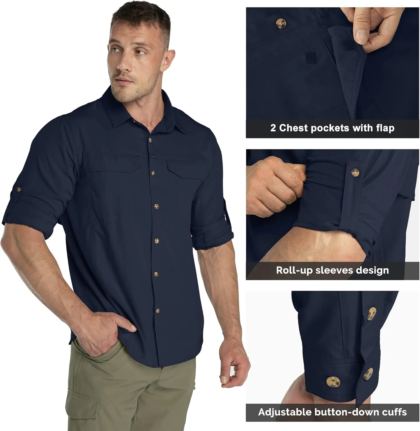 33,000ft Men's Long Sleeve Hiking Shirts Lightweight Quick Dry Sun Protection UV UPF 50 Fishing Shirt Outdoor Safari Travel