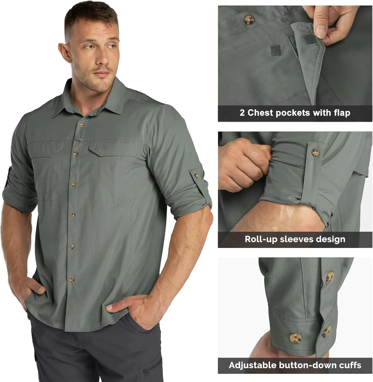33,000ft Men's Long Sleeve Hiking Shirts Lightweight Quick Dry Sun Protection UV UPF 50 Fishing Shirt Outdoor Safari Travel