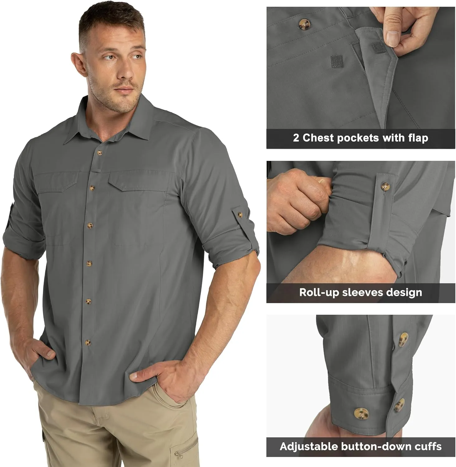 33,000ft Men's Long Sleeve Hiking Shirts Lightweight Quick Dry Sun Protection UV UPF 50 Fishing Shirt Outdoor Safari Travel