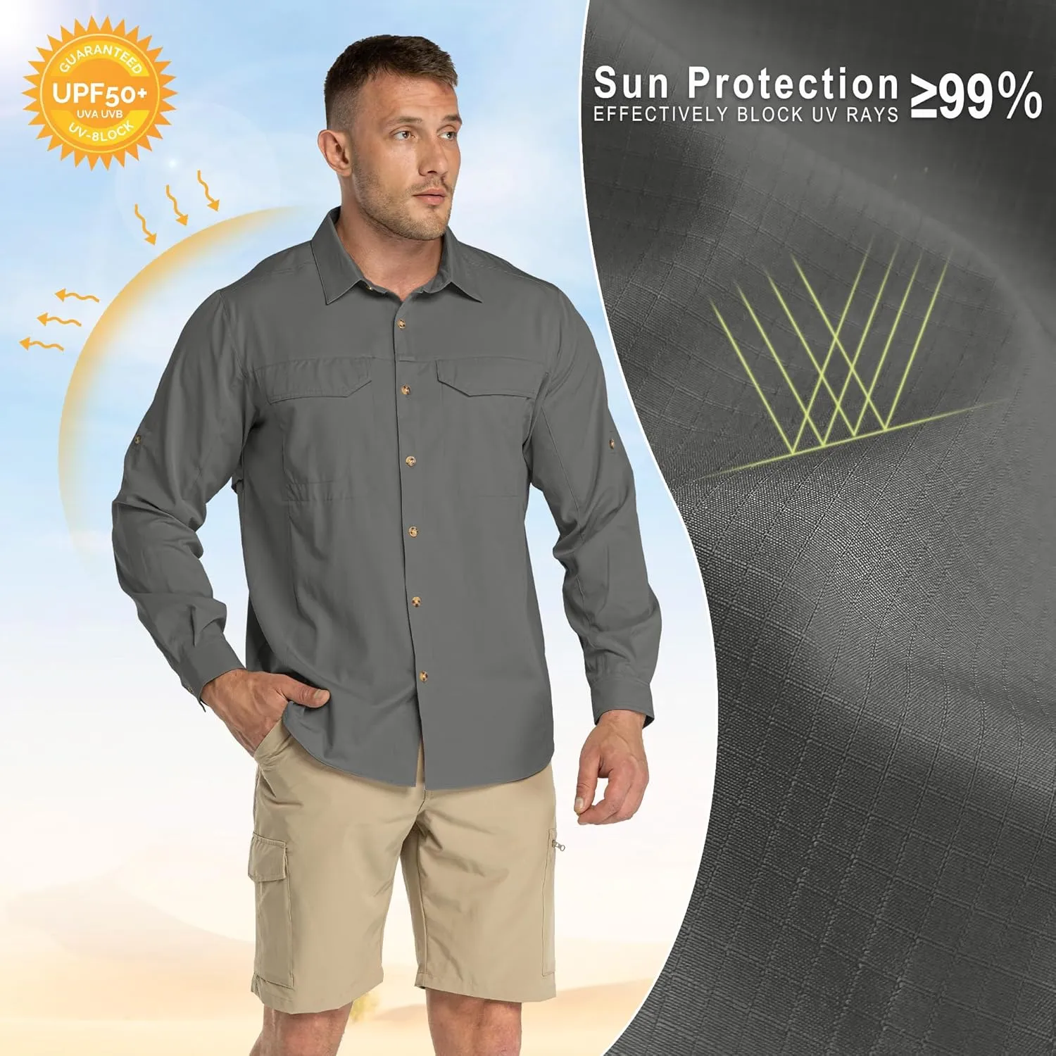 33,000ft Men's Long Sleeve Hiking Shirts Lightweight Quick Dry Sun Protection UV UPF 50 Fishing Shirt Outdoor Safari Travel
