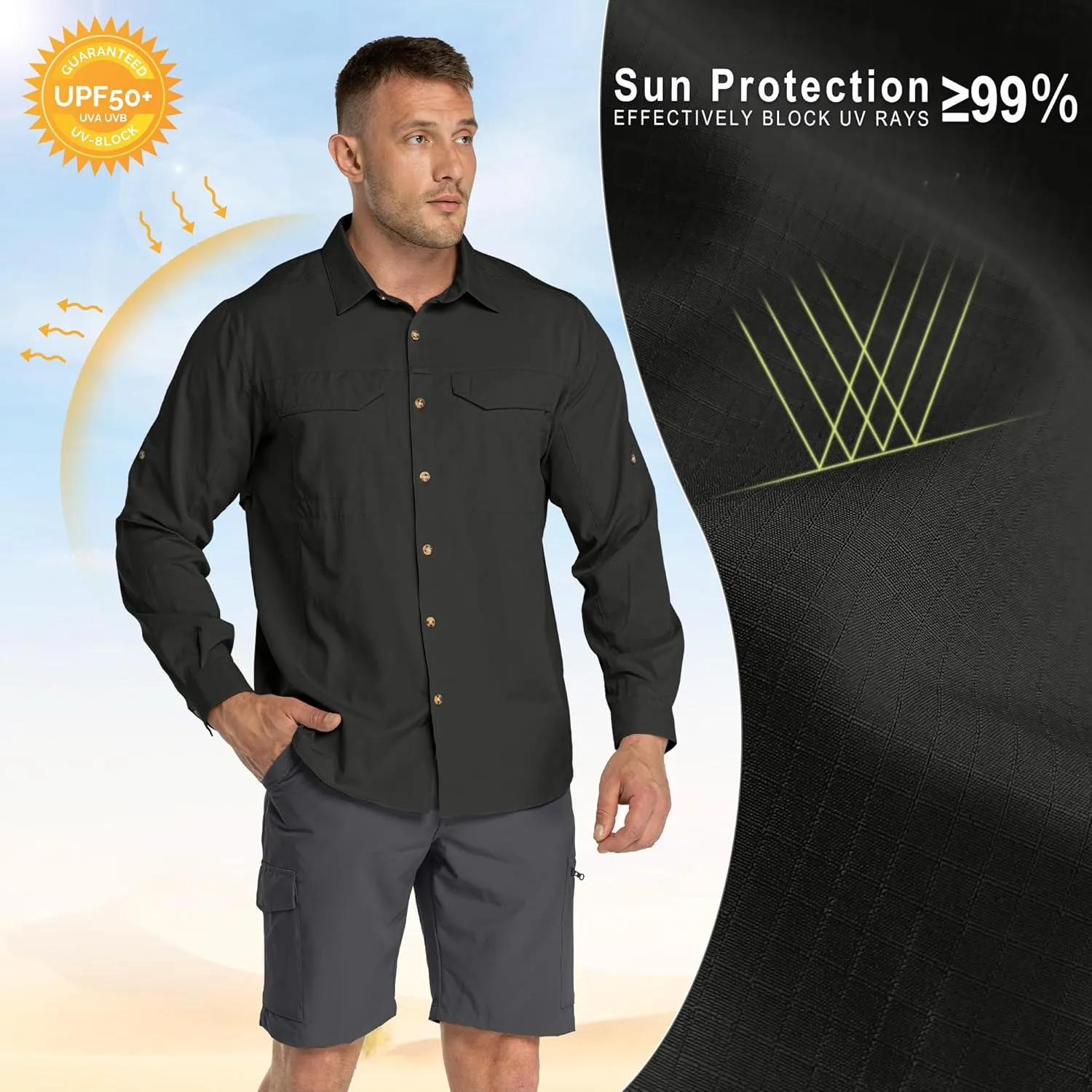33,000ft Men's Long Sleeve Hiking Shirts Lightweight Quick Dry Sun Protection UV UPF 50 Fishing Shirt Outdoor Safari Travel