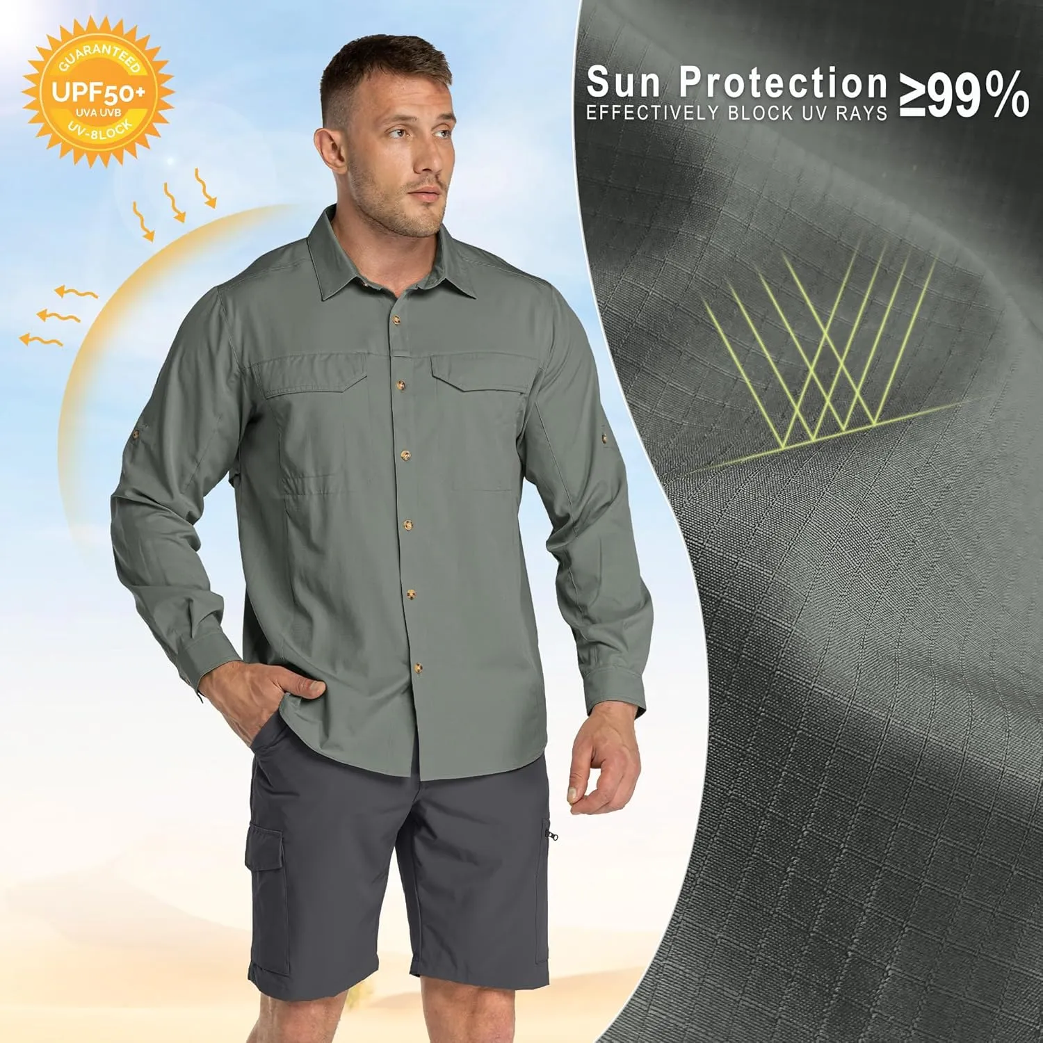 33,000ft Men's Long Sleeve Hiking Shirts Lightweight Quick Dry Sun Protection UV UPF 50 Fishing Shirt Outdoor Safari Travel