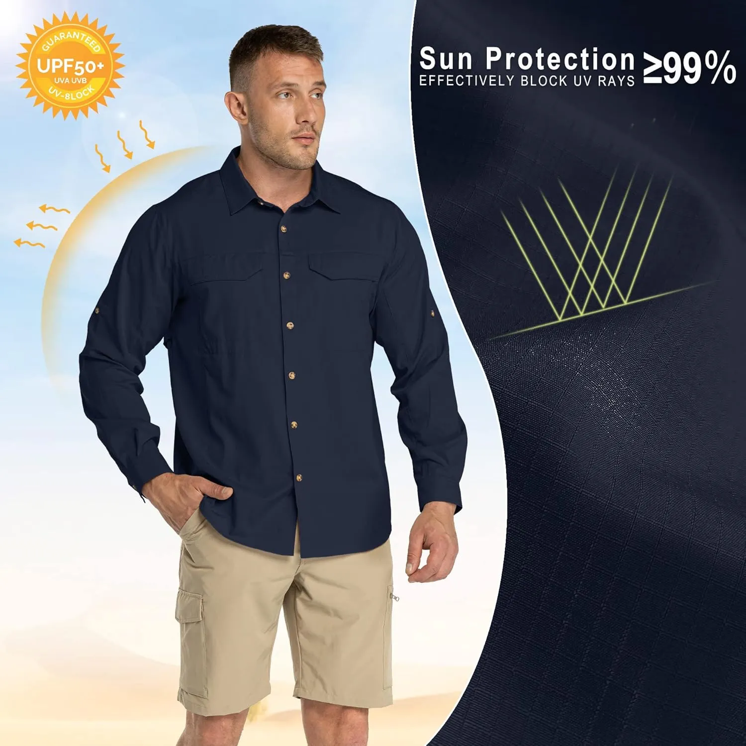 33,000ft Men's Long Sleeve Hiking Shirts Lightweight Quick Dry Sun Protection UV UPF 50 Fishing Shirt Outdoor Safari Travel