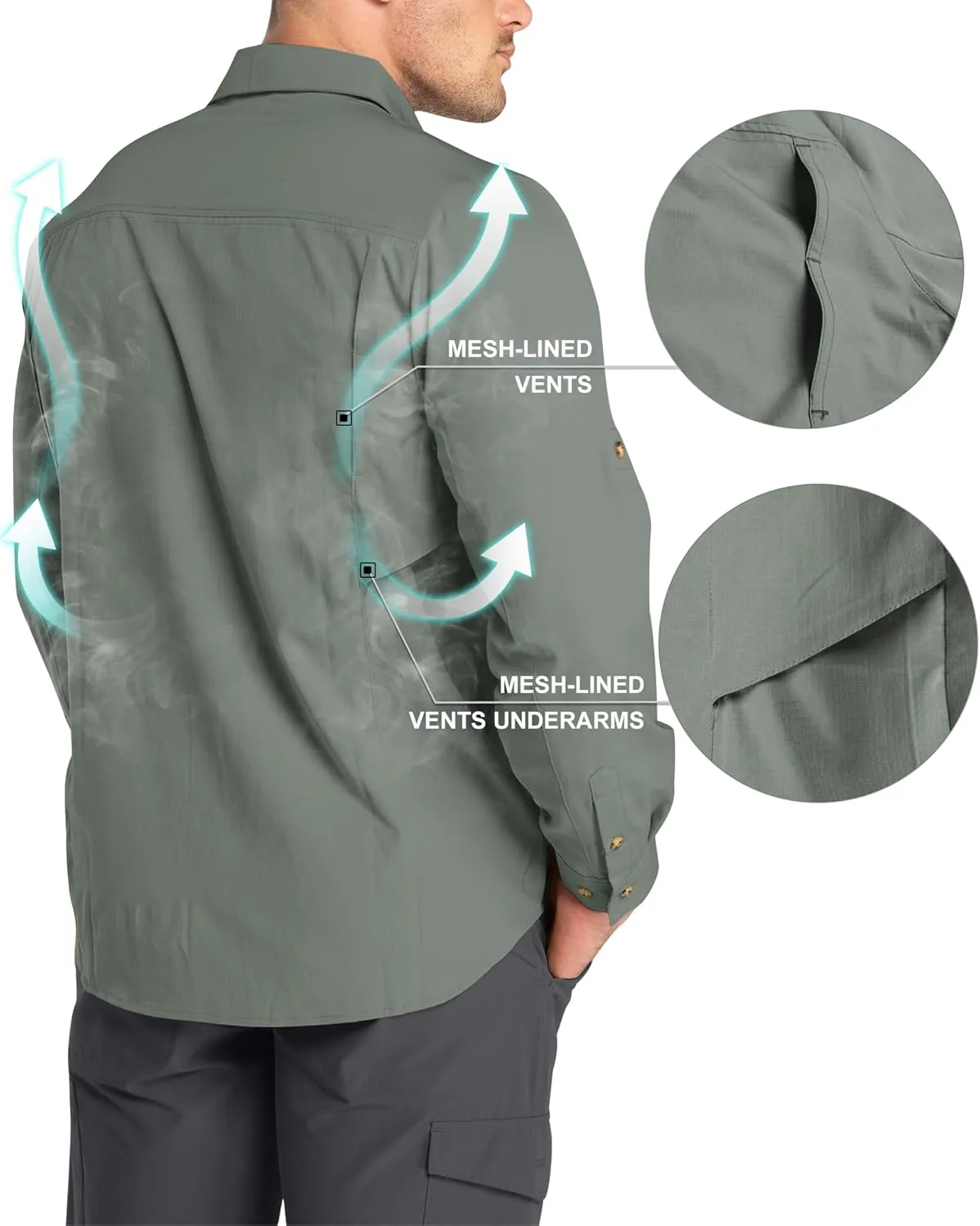 33,000ft Men's Long Sleeve Hiking Shirts Lightweight Quick Dry Sun Protection UV UPF 50 Fishing Shirt Outdoor Safari Travel