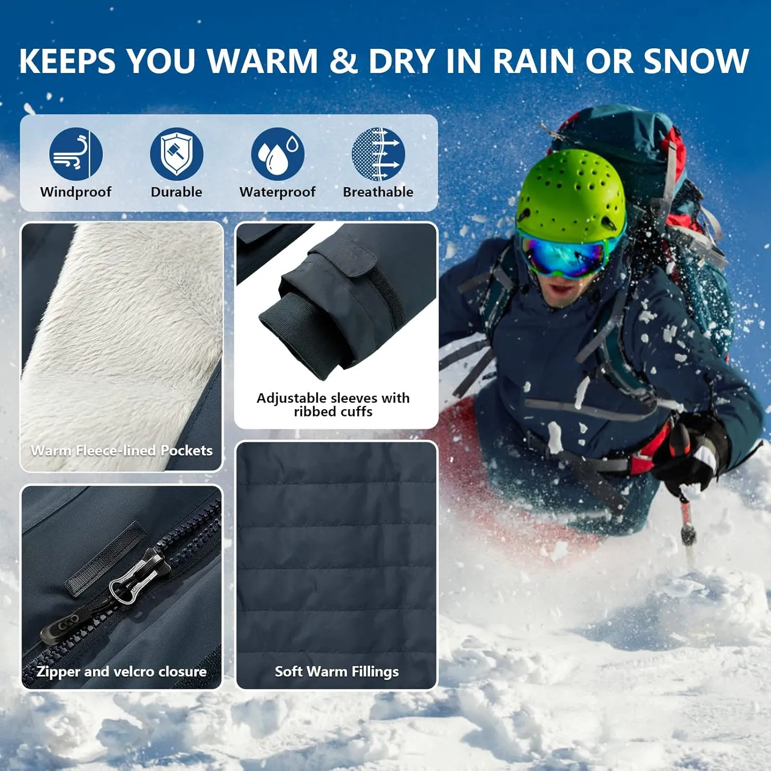 33,000ft Men's Waterproof Insulated Winter Jacket with Hood, Long Coats Anorak Padded Warm Parka for Ski Snow Sports