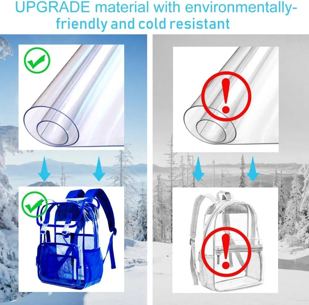 3PCS Clear Backpack, Heavy Duty See Through PVC School Bookbag with Lunch Box, Large Stadium Approved Transparent Backpacks for Boys Men - Blue